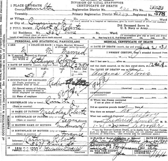 PHONOSTALGIA: Bob Roberts' Death Certificate